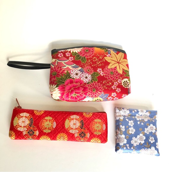 NEW Fujisan Canvas Metallic Floral Print Set Wristlet Coin Purse Eyeglass Case - Picture 3 of 7